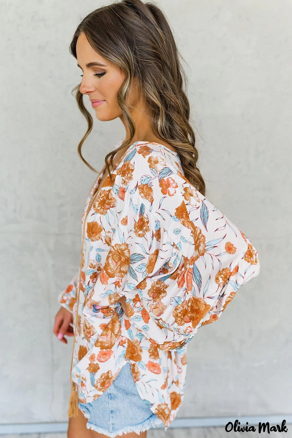 Deanwangkt - Orange Floral Print V-Neck Slit Dolman Blouse - Deanwangkt