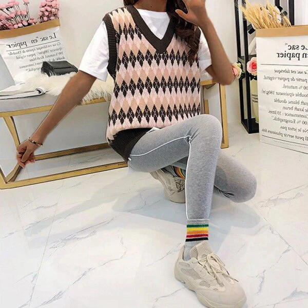 Christmas Gift Argyle Sweater Vest Women Sweater Vest Loose Deanwangkt Fall Winter New Preppy Young Girls Pullover Sweater Top Waistcoats Fit Female - Deanwangkt