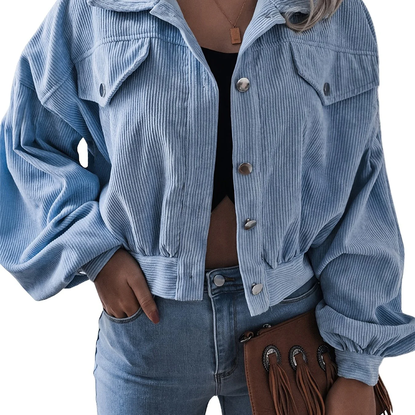 deanwangkt-1 Lapel Corduroy Jacket, Casual Crop Lantern Long Sleeve Jacket For Fall & Winter, Women's Clothing - Deanwangkt