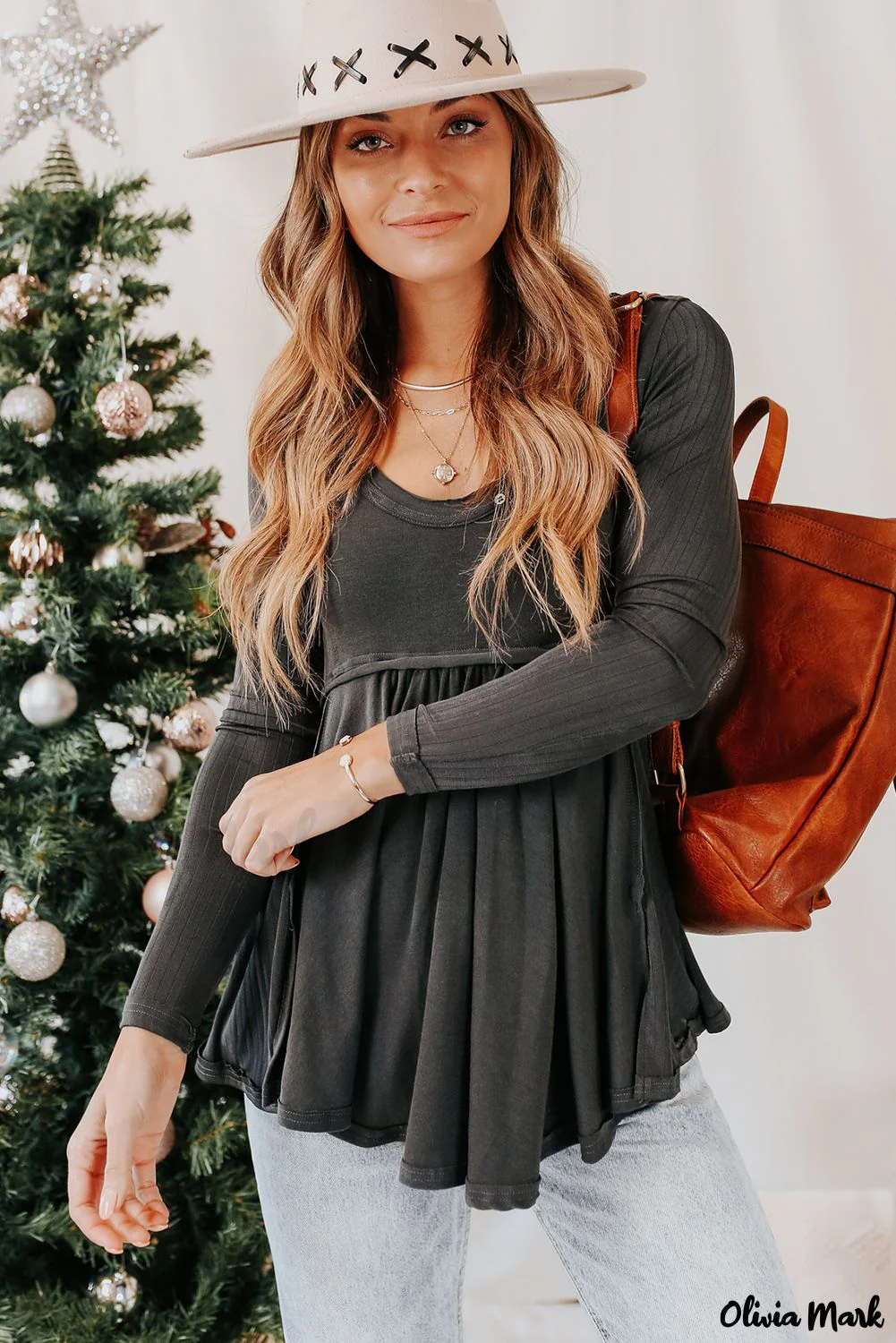 Deanwangkt - Black Babydoll Blouse with Long Sleeves and Solid Color Buttons - Deanwangkt