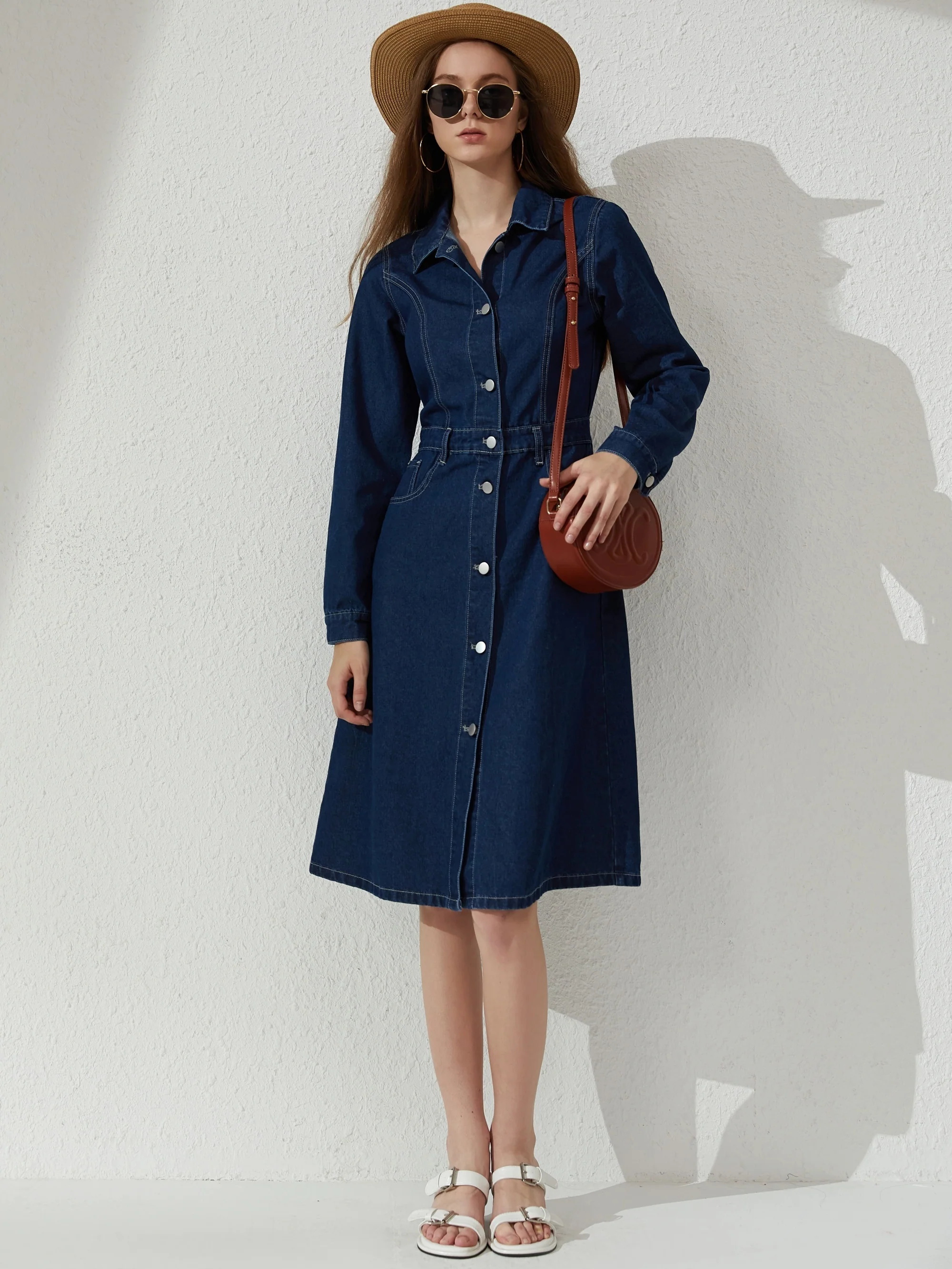 deanwangkt-1  Blue Single Breasted Button Denim Dress, Long Sleeves Slant Pockets Lapel Denim Dress, Women's Denim Clothing - Deanwangkt