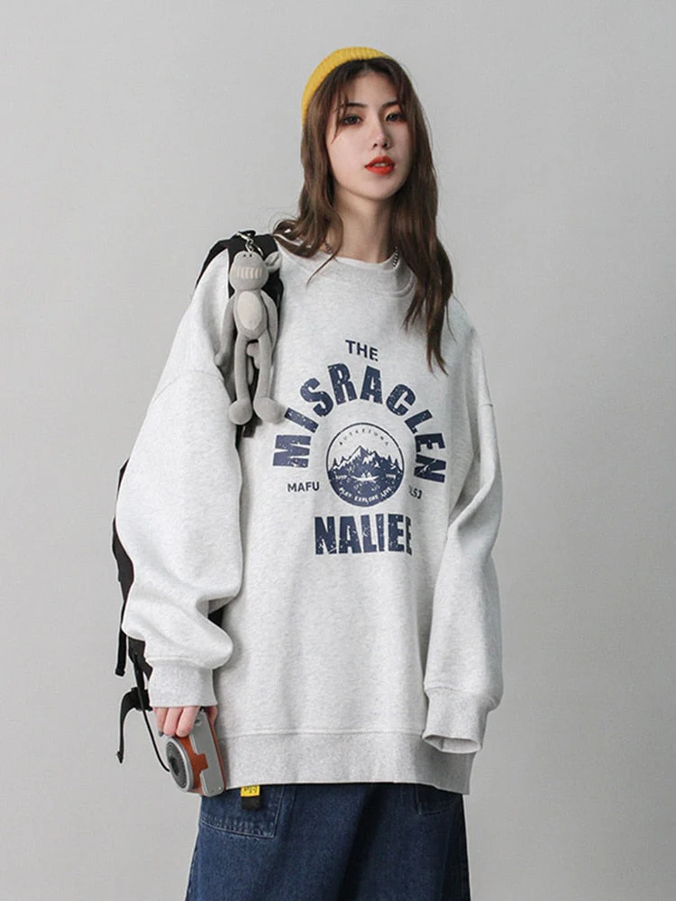 Black Friday Sales Retro Sweater Women Alphabet Print Round Neck Hoodie Loose Long-Sleeved Street Trend Casual Autumn And Winter Thickened Pullover - Deanwangkt