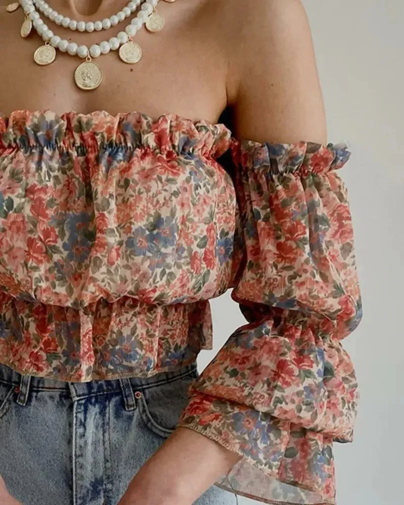 Deanwangkt - Bell Sleeve Chiffon Off The Shoulder Floral Print Top - Deanwangkt