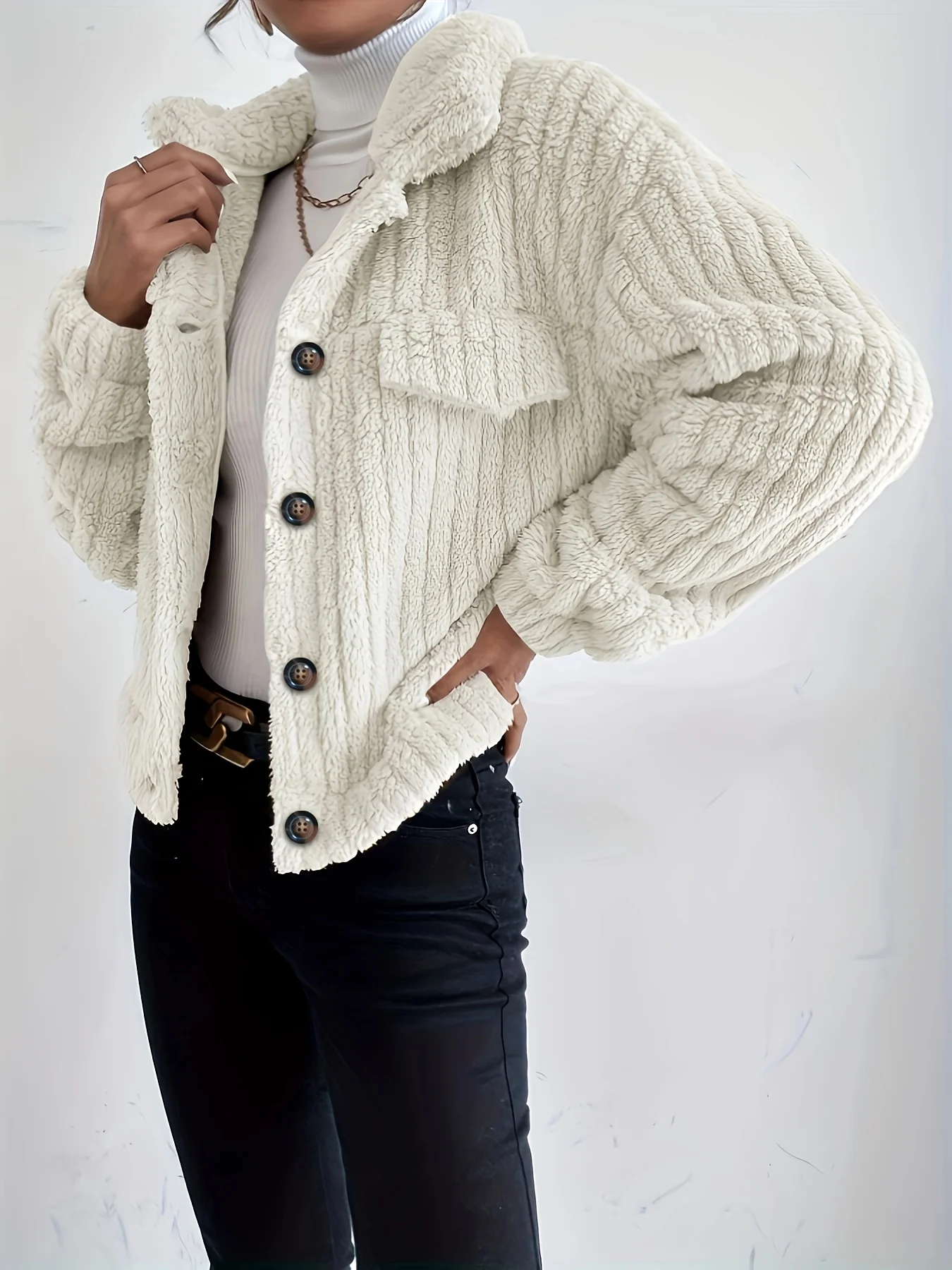 deanwangkt-1  Casual Lapel Fuzzy Thermal Coat, Solid Pocket Long Sleeve Teddy Coat For Fall & Winter, Women's Clothing - Deanwangkt