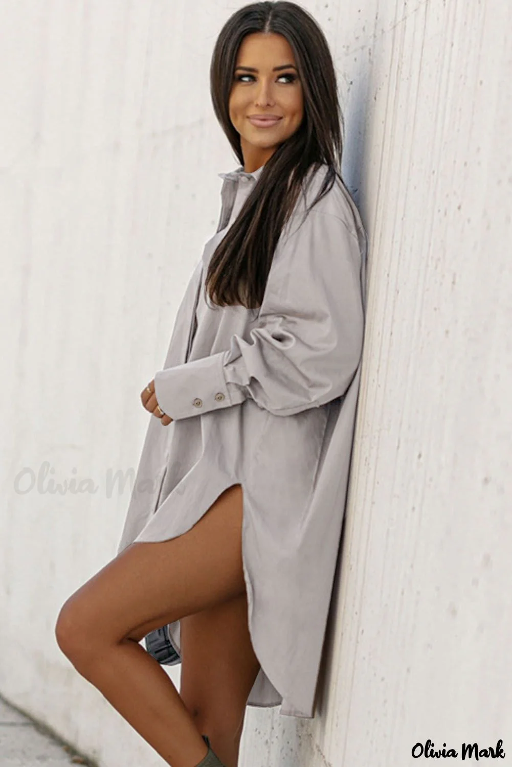 Olivia Mark - High Low Khaki Button Down Long Sleeve Shirt - Deanwangkt