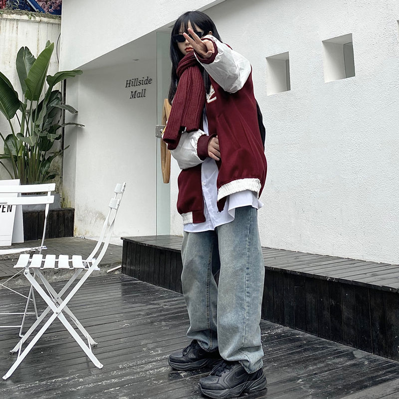 Christmas Gift Deanwangkt Spring Red Coat American Baseball Bomber Students Jacket Loose Men Women Couples Tops Harajuku Plus Size Streetwear Be Free - Deanwangkt