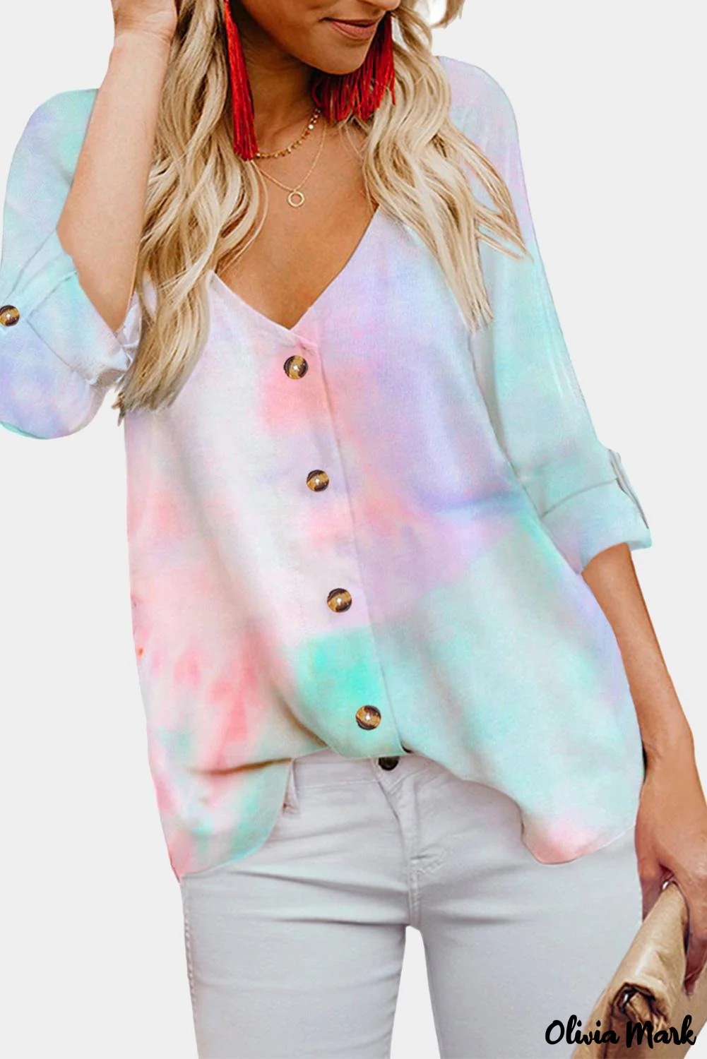 Deanwangkt - Blue Tie-Dye Long Sleeve V-Neck Blouse With Button Closure - Deanwangkt