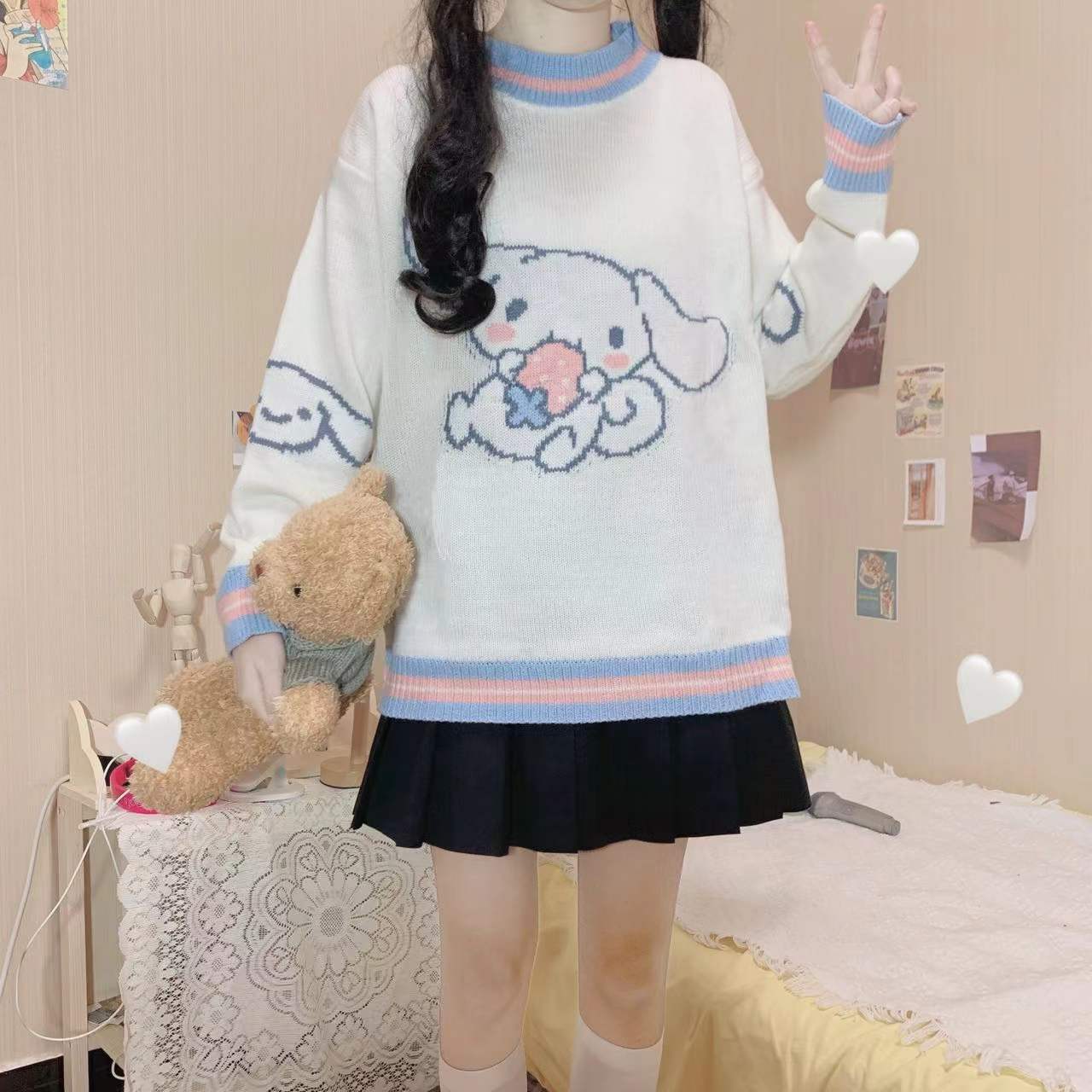 Black Friday Sales Kawaii Sweater Japanese Cute Embroidery Autumn And Winter Loose Long-Sleeved Women's Sweater Fashion Y2k Knitted Pullover - Deanwangkt