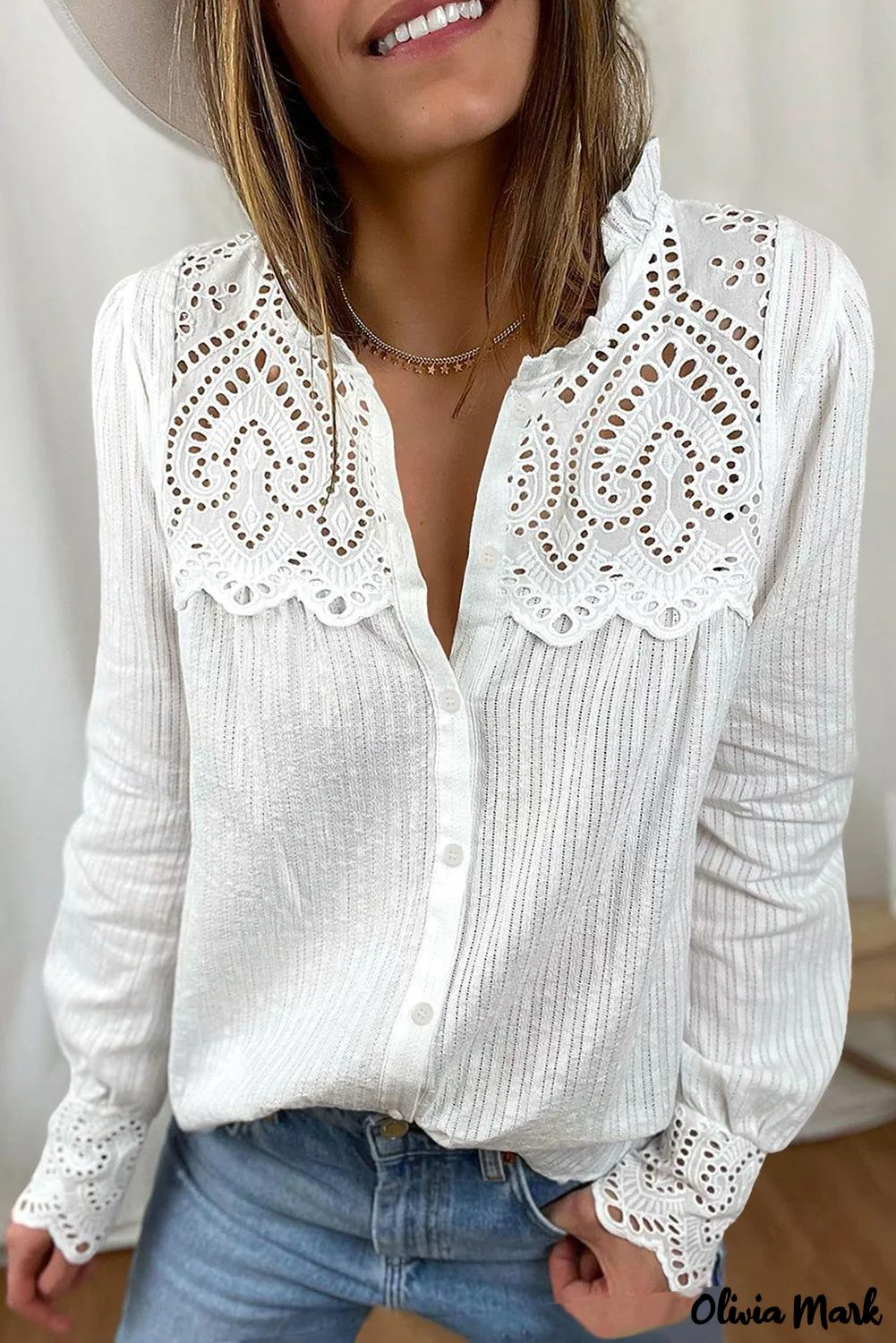 Deanwangkt - White Hollow Out Patch Button Down Long Sleeve Shirt - Deanwangkt