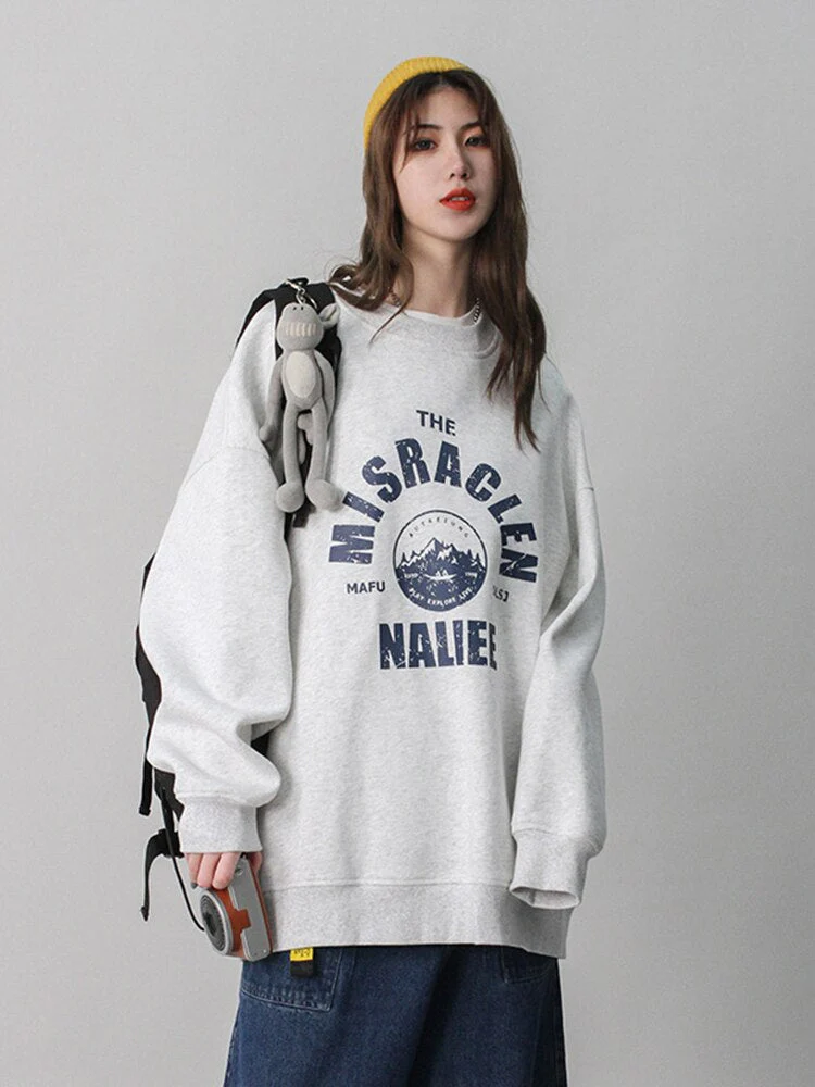 Black Friday Sales Retro Sweater Women Alphabet Print Round Neck Hoodie Loose Long-Sleeved Street Trend Casual Autumn And Winter Thickened Pullover - Deanwangkt