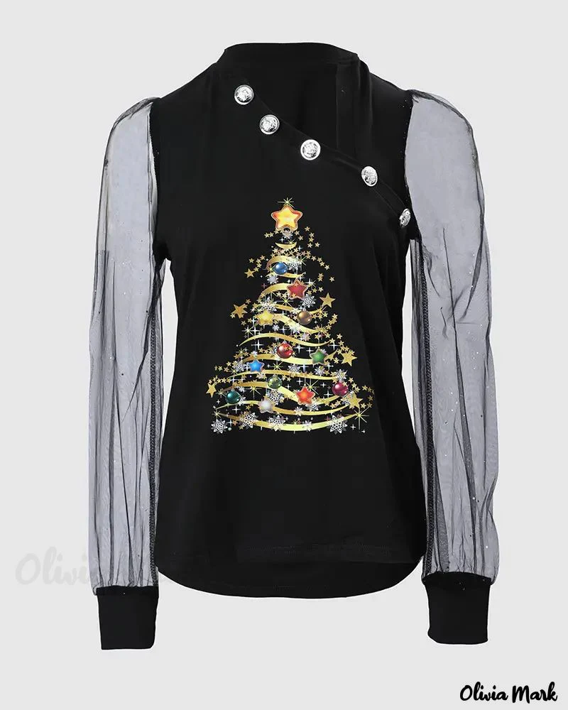 Deanwangkt - Christmas Tree Print Sheer Tulle Long Sleeve Top - Deanwangkt