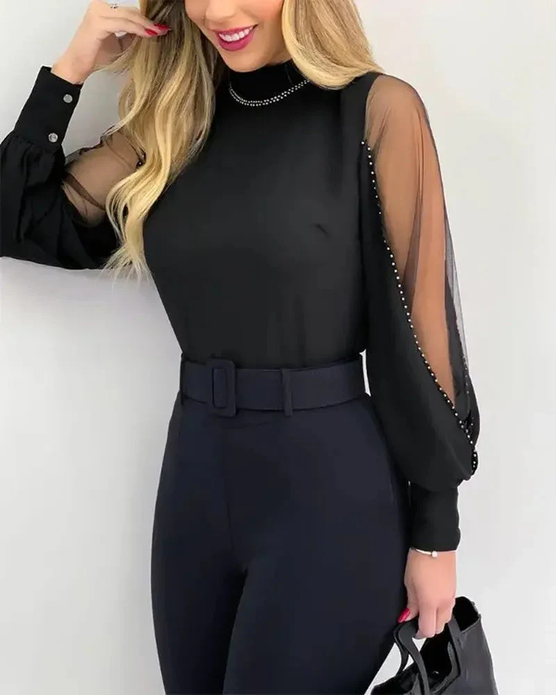 Deanwangkt - Studded Contrast Tulle Long Sleeve Top - Deanwangkt