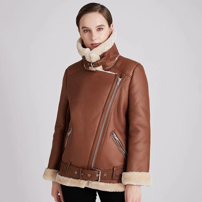 Black Friday Sales New Women Winter Lambs Wool Parkas Fur Collar Zipper Jacket Warm Thick Outerwear Faux Lamb Leather Coat Moto Outwear - Deanwangkt