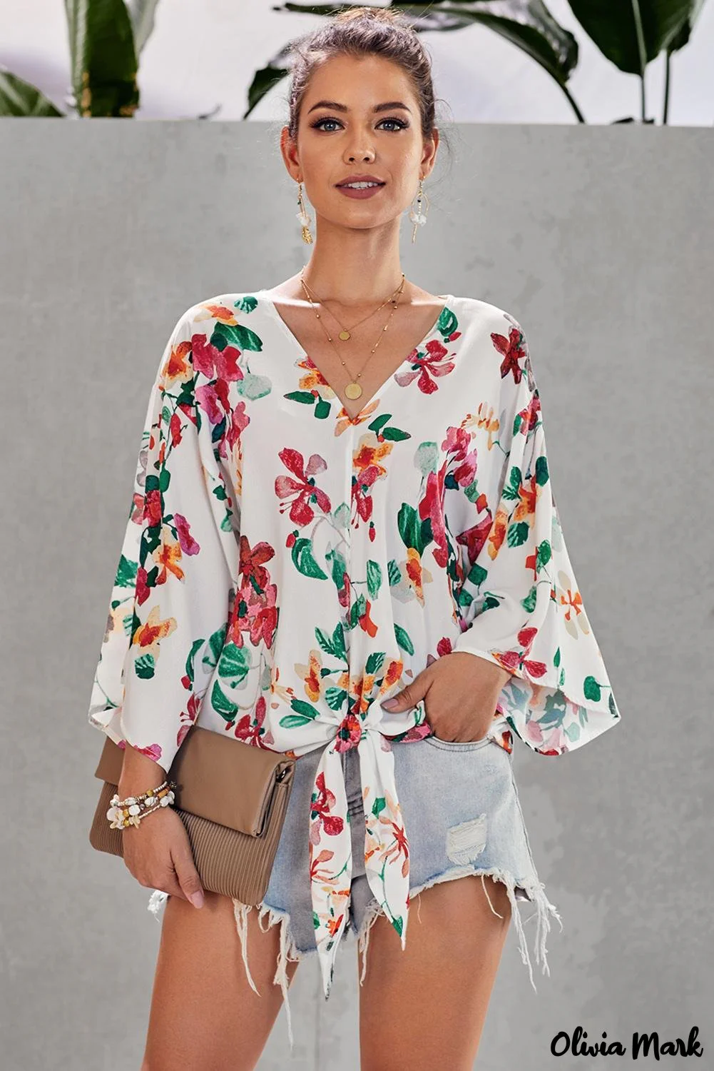 Deanwangkt - Multicolor Floral Print Deep V-Neck Tie Front Blouse - Deanwangkt