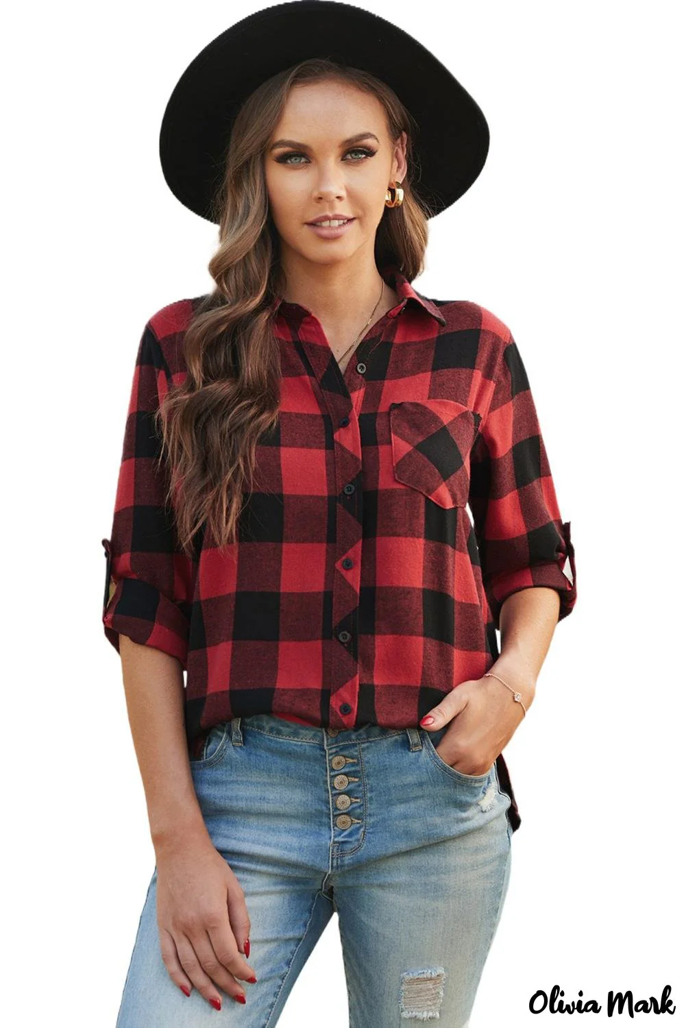 Deanwangkt - Red Buffalo Plaid Blouse with Button Pocket - Deanwangkt