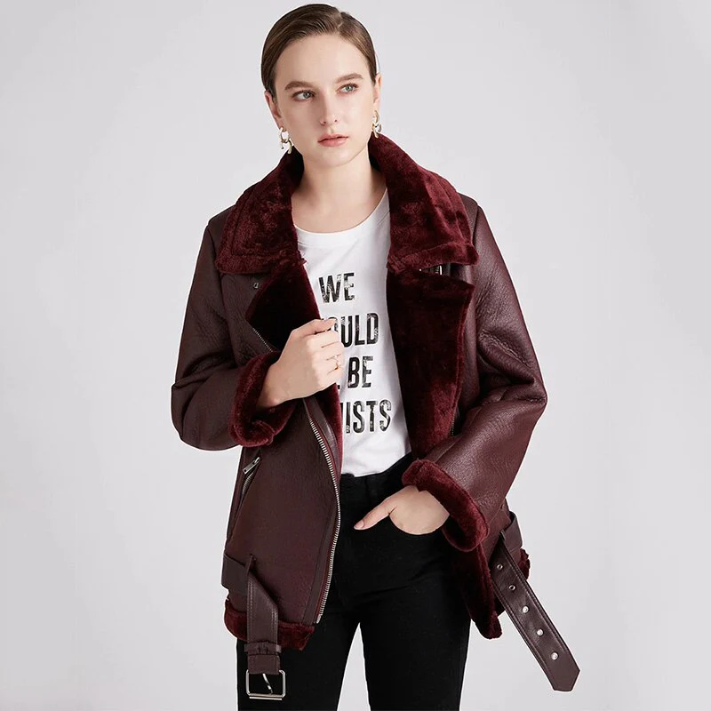 Black Friday Sales New Women Winter Lambs Wool Parkas Fur Collar Zipper Jacket Warm Thick Outerwear Faux Lamb Leather Coat Moto Outwear - Deanwangkt