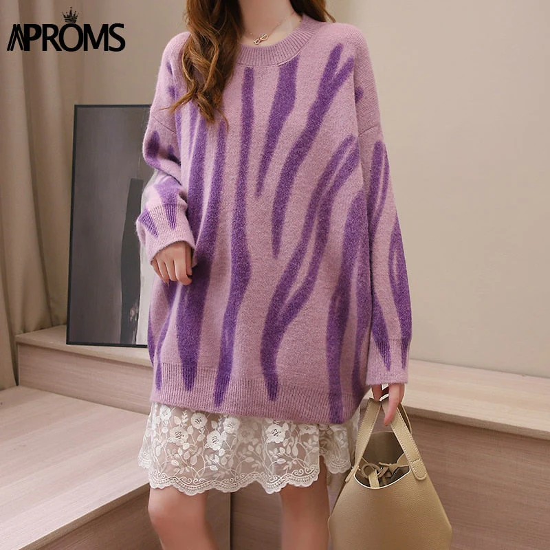 Christmas Gift Aproms Elegant Green Striped Print Oversized Pullovers Women Winter O-Neck Loose Long Sweaters Streetwear Warm Outerwear Deanwangkt - Deanwangkt