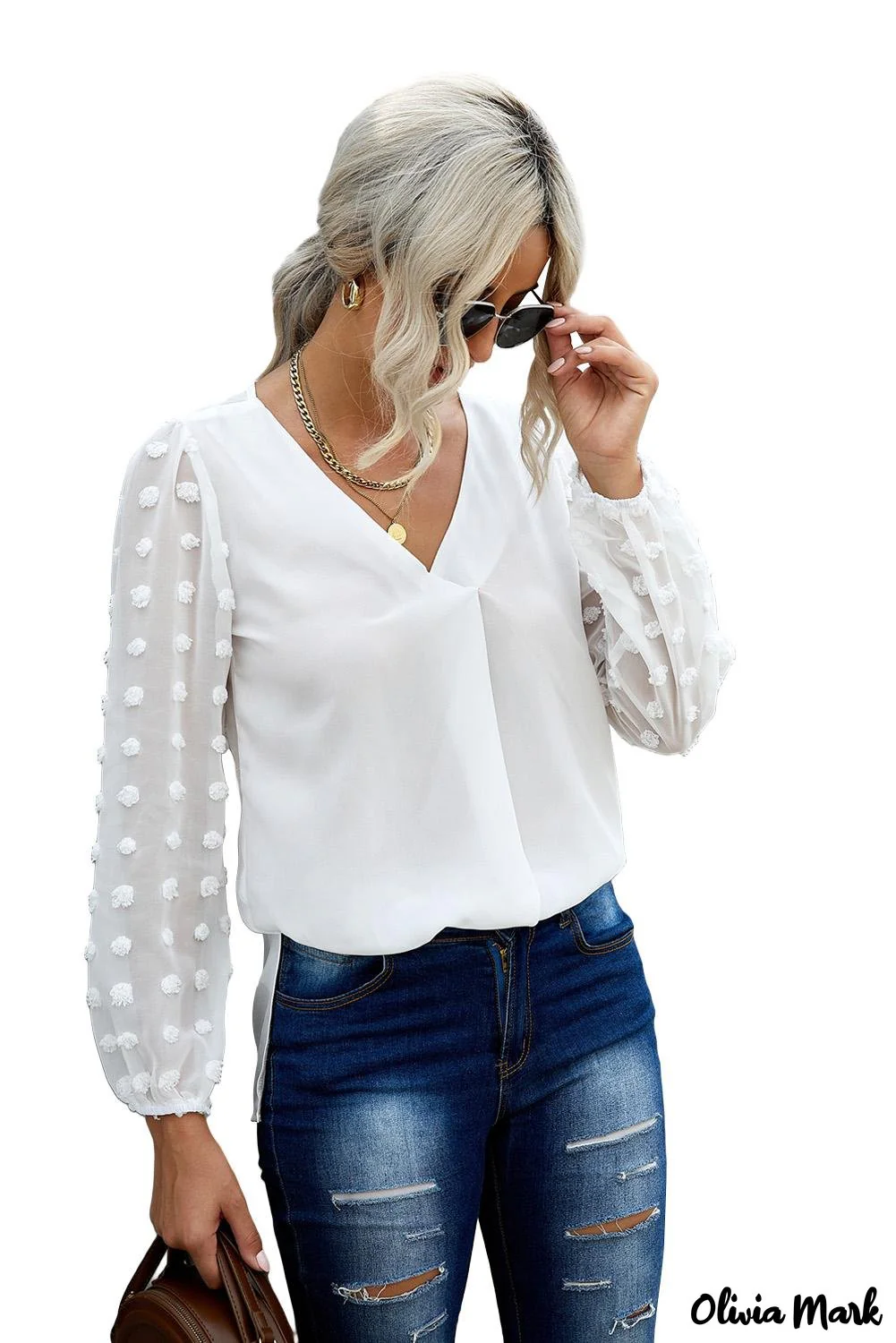 Deanwangkt - Black Polka Dot V-Neck Long Sleeve Blouse - Deanwangkt