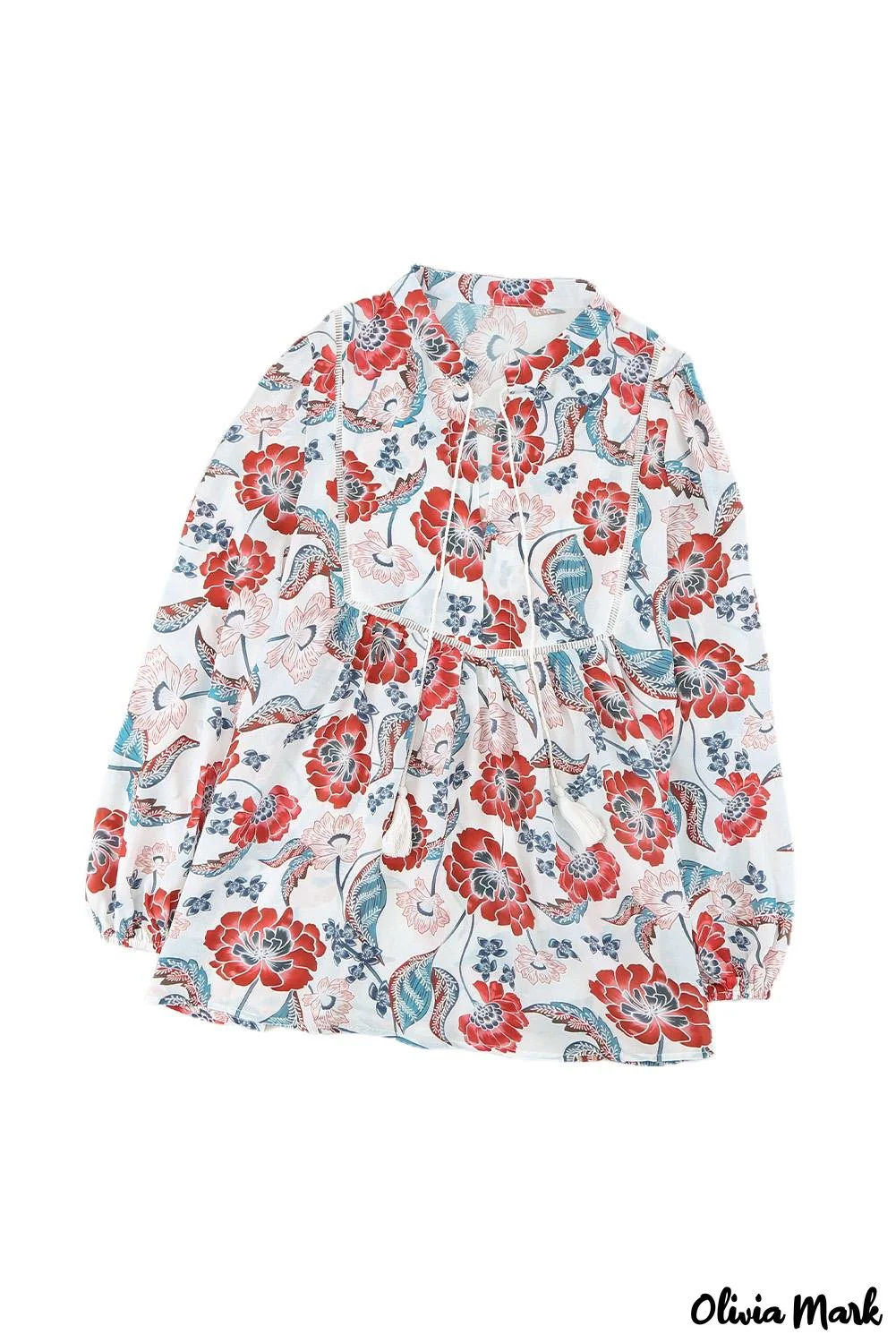 Deanwangkt - Red Floral Patchwork Split Neck Bubble Sleeve Blouse - Deanwangkt