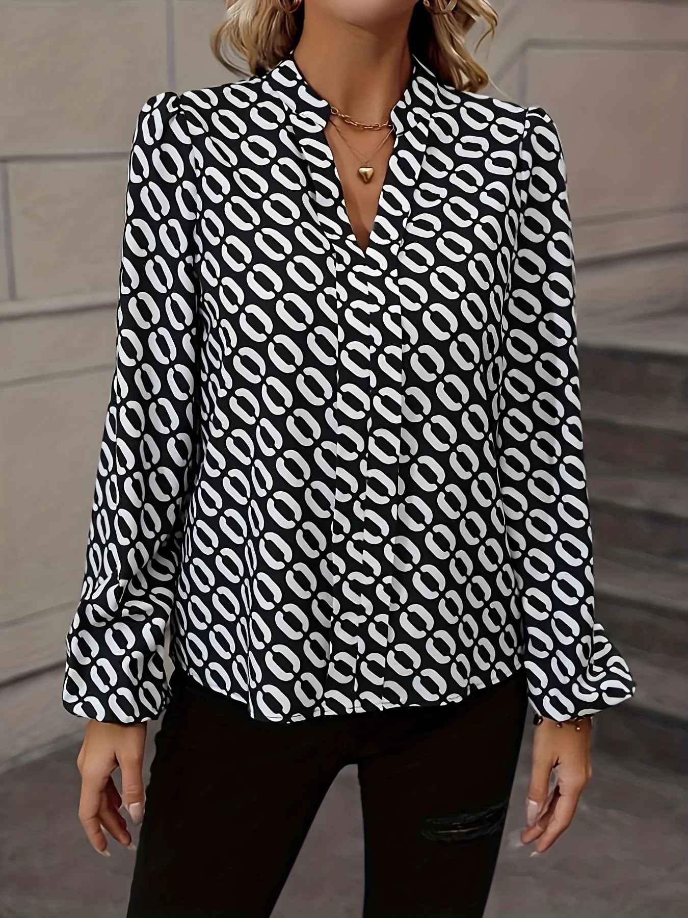 Chain Print Notched Neck Blouse, Elegant Long Sleeve Blouse For Spring & Fall, Women's Clothing - Deanwangkt