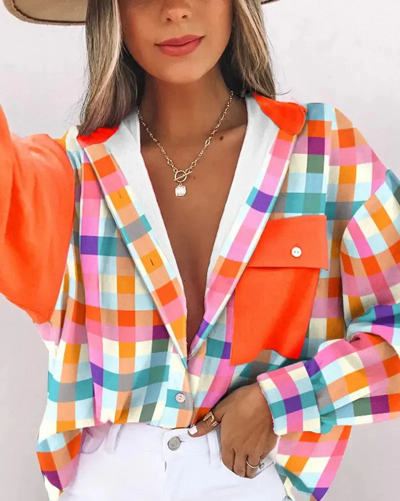 Deanwangkt - Color Block Plaid Button-Up Shirt - Deanwangkt