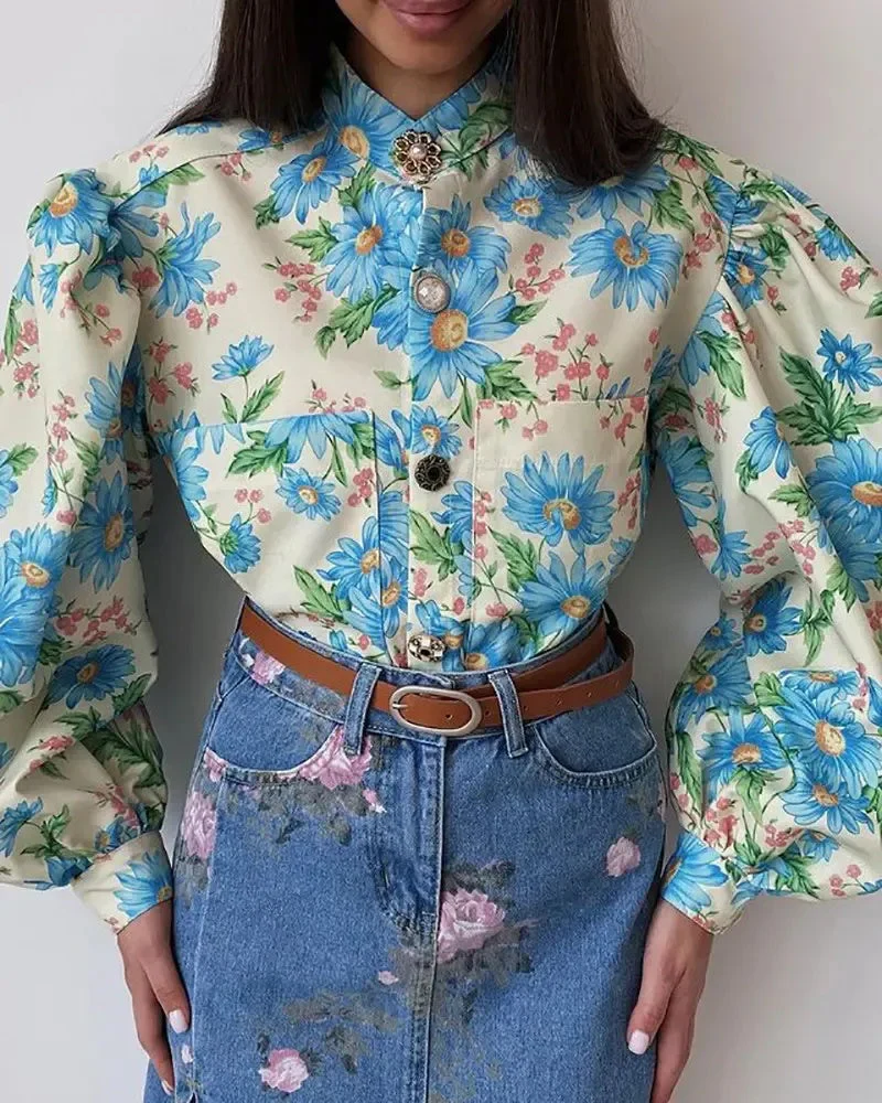 Deanwangkt - Floral Print Lantern Sleeve Button Up Top - Deanwangkt