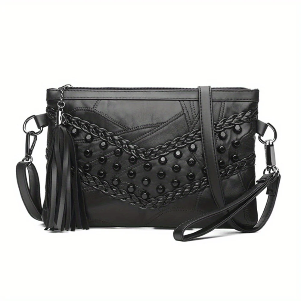 Studded Decor Crossbody Bag, Gothic Black Shoulder Bag, Trendy Wrist Clutch Purse With Tassel - Deanwangkt