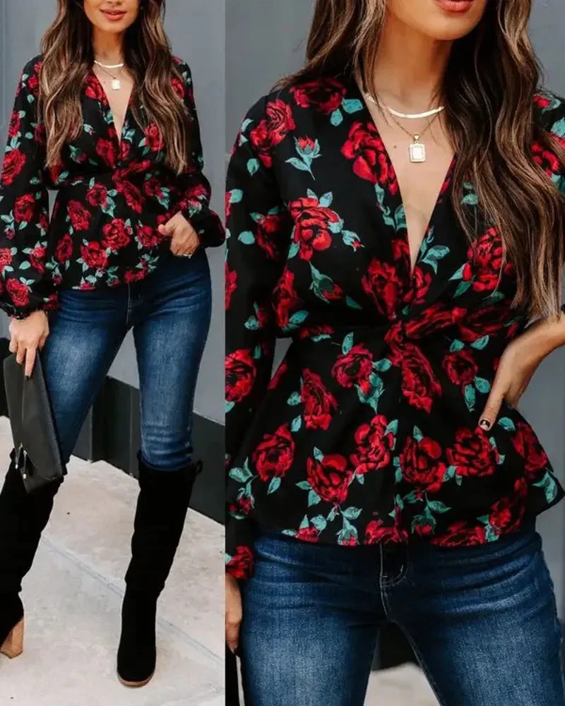 Deanwangkt - Floral Print Long Sleeve V-Neck Top - Deanwangkt