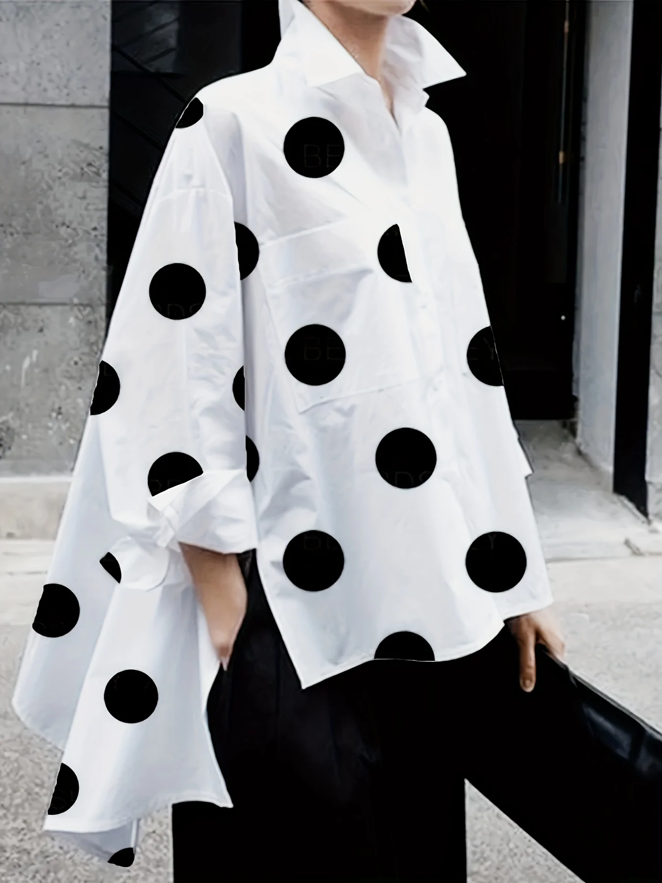 Polka Dot Print Dipped Hem Blouse, Casual Button Front Long Sleeve Blouse, Women's Clothing - Deanwangkt