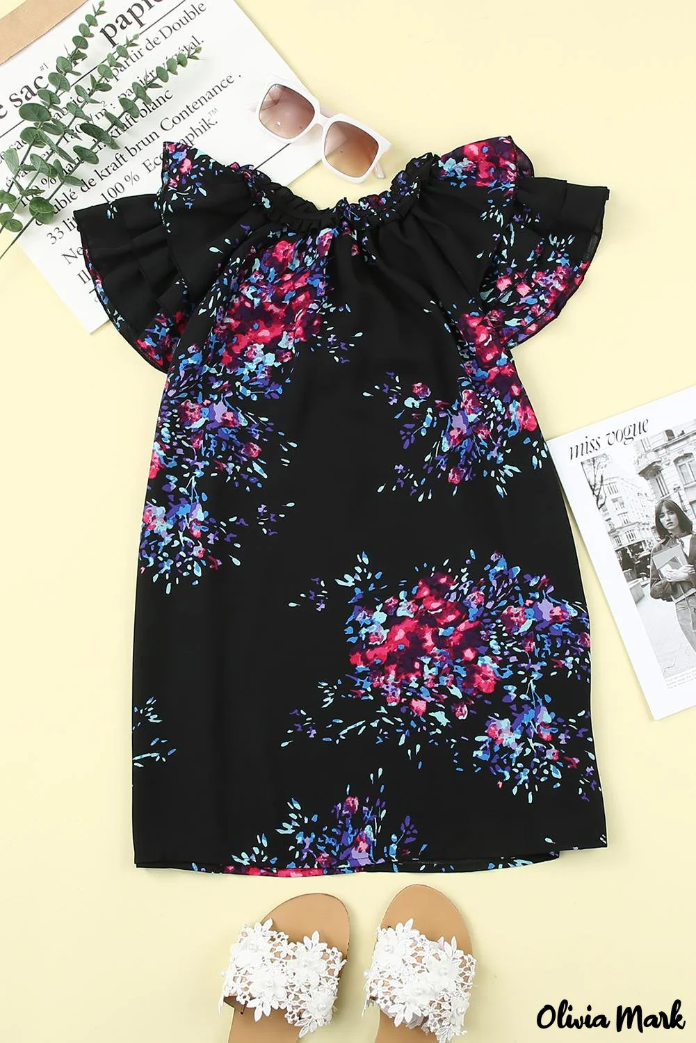 Deanwangkt - Black Tie-Dye Print Split V-Neck Butterfly Sleeve Blouse - Deanwangkt