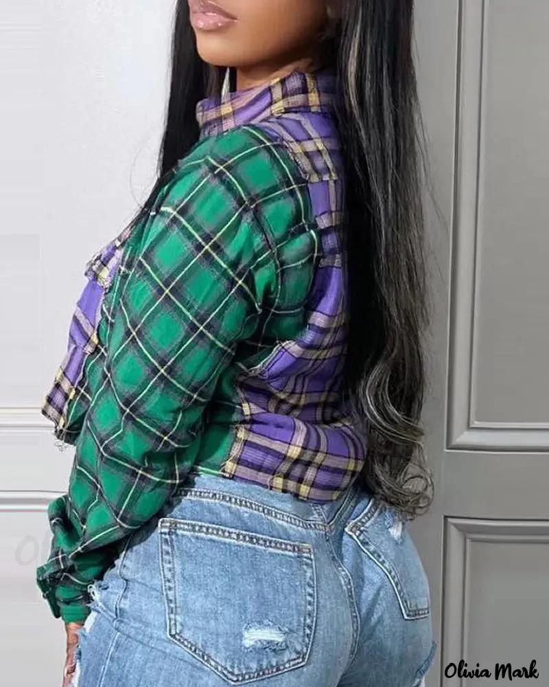 Deanwangkt - Color Block Check Print Long Sleeve Crop Top - Deanwangkt