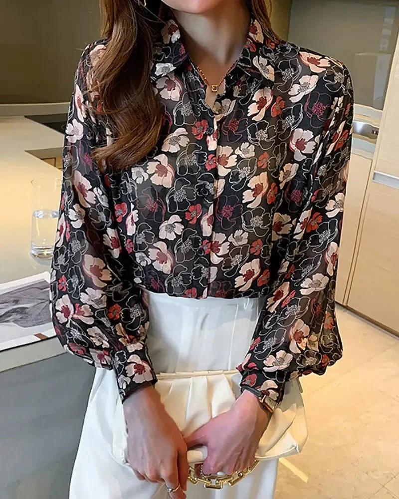Deanwangkt - Floral Print Lantern Sleeve Button Up Top - Deanwangkt