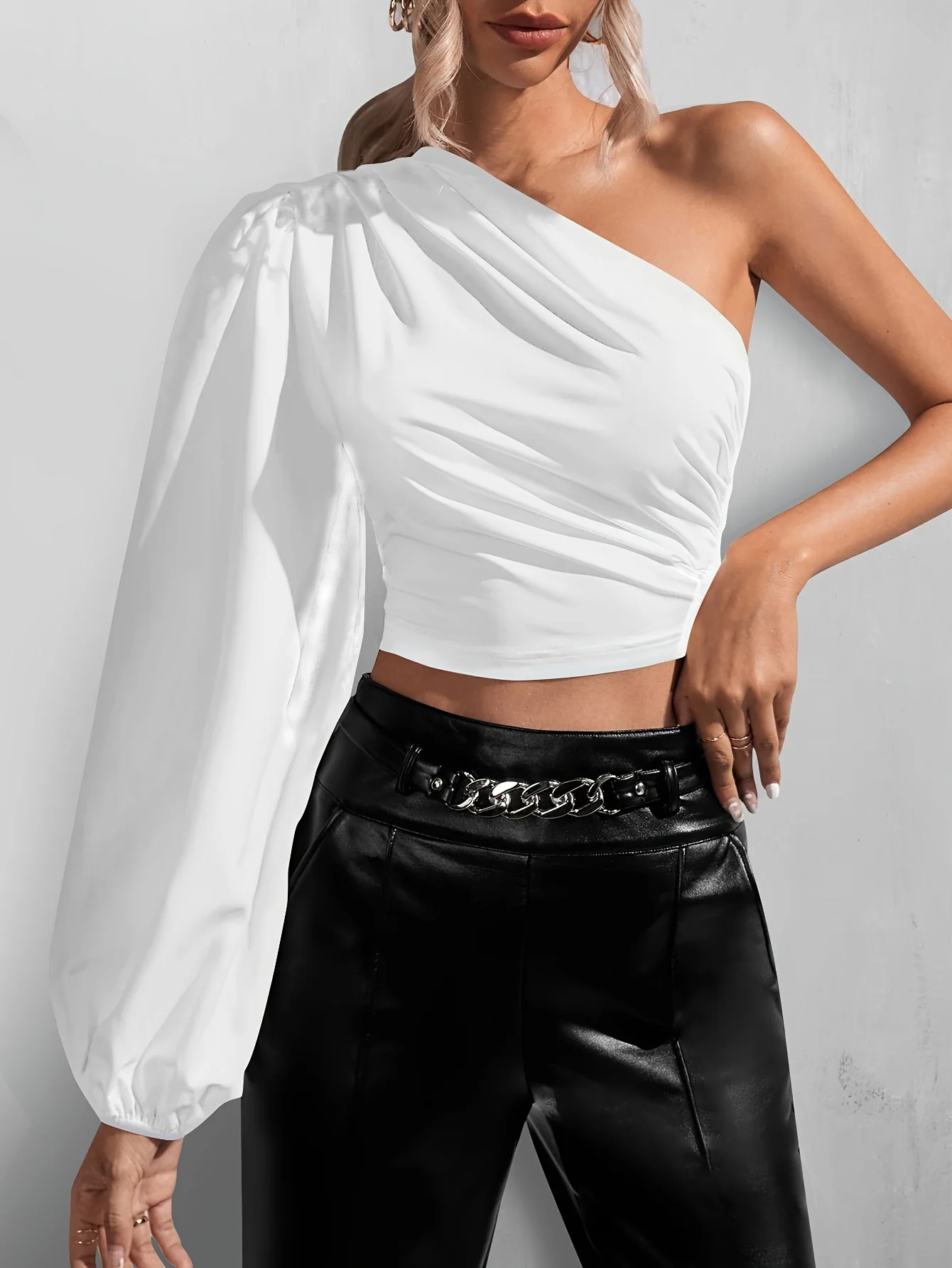 Solid Ruched One Shoulder Blouse, Casual Long Sleeve Blouse For Spring & Fall, Women's Clothing - Deanwangkt