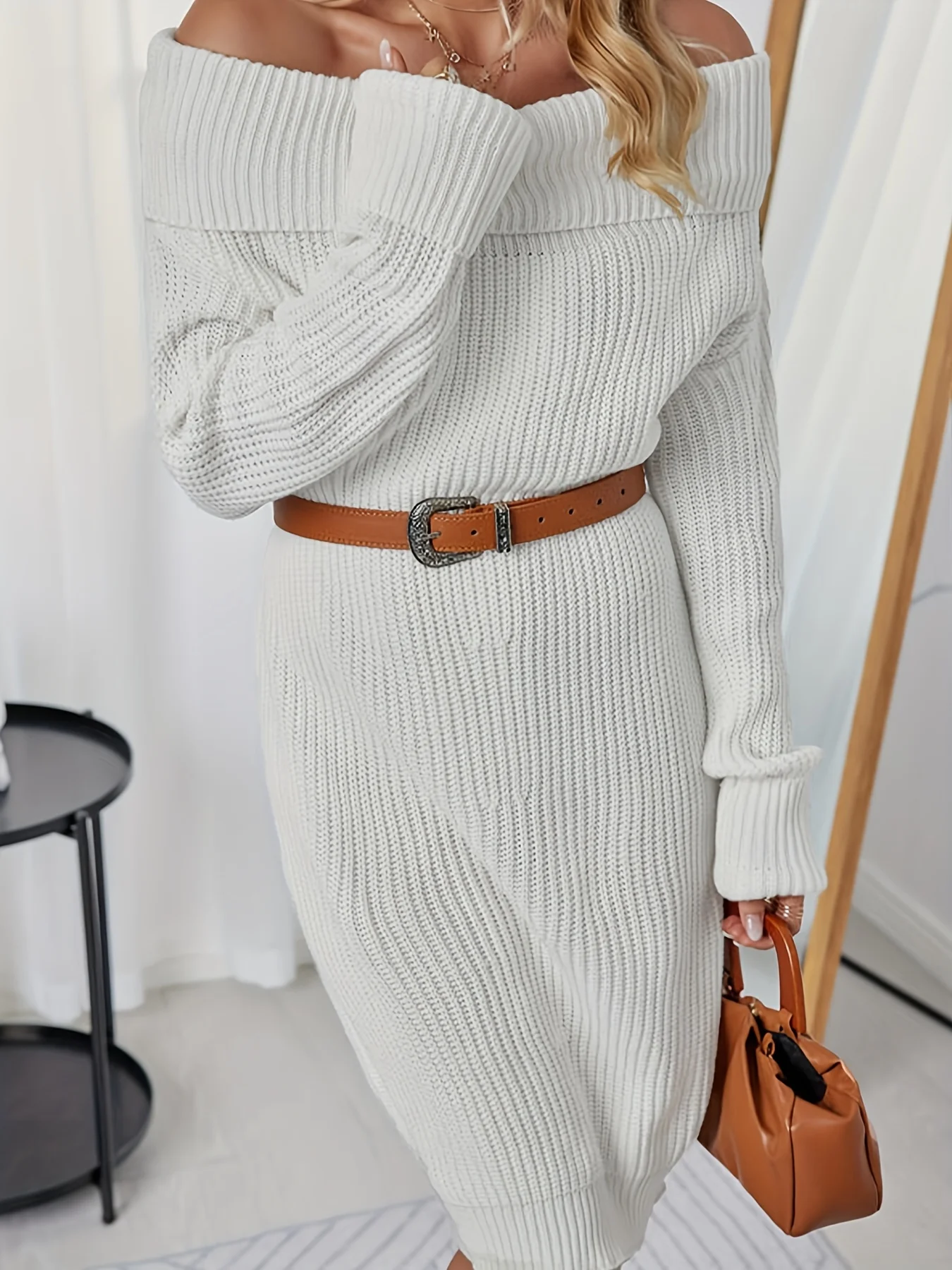 deanwangkt-1  Solid Off Shoulder Rib Knit Dress, Casual Long Sleeve Midi Dress For Fall & Winter, Women's Clothing - Deanwangkt