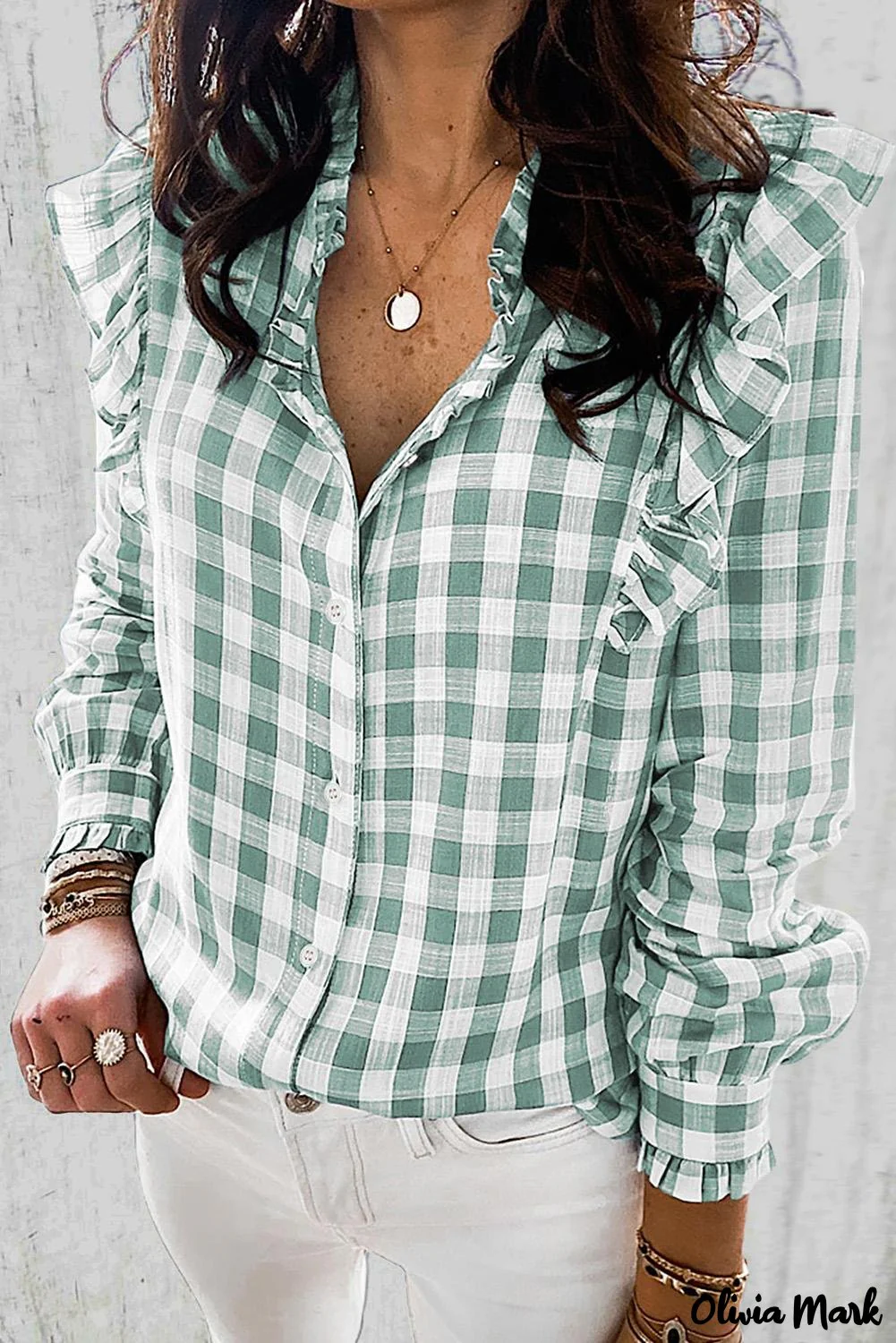 Deanwangkt - Sky blue checked ruffled button-down shirt - Deanwangkt