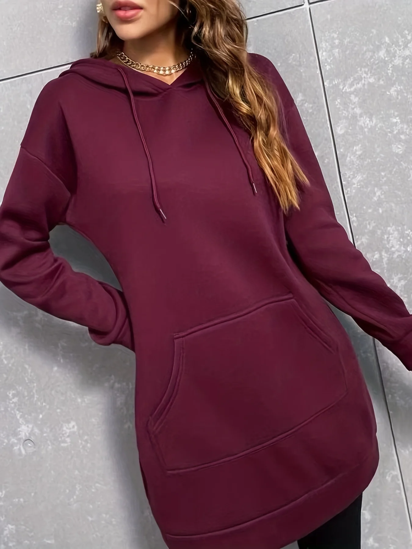 deanwangkt-1  Solid Drawstring Hoodie, Casual Long Sleeve Kangaroo Pockets Hoodie, Women's Clothing - Deanwangkt