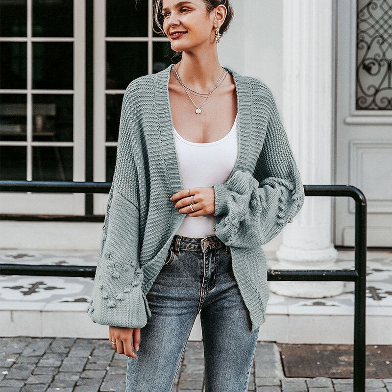 Christmas Gift  Loose women knitted cardigans Lantern sleeve heart crochet oversize sweaters Autumn winter female cardigan coats outwear - Deanwangkt
