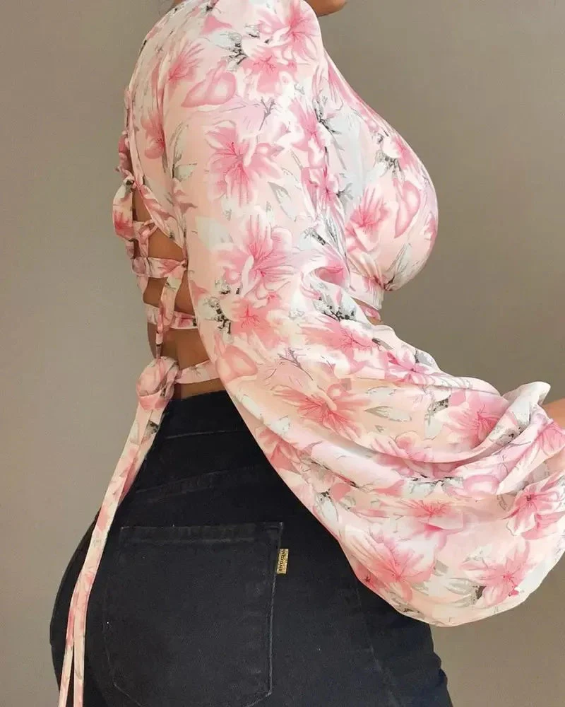 Deanwangkt - Lantern Sleeve Floral Print Open Back Lace Up Top - Deanwangkt