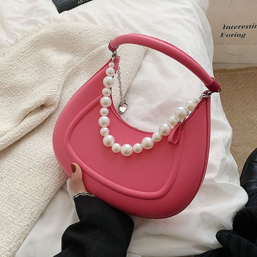 Back To College Deanwangkt Kawaii Tote PU Leather Half Moon Armpit Bag With Pearl Short Handle Women's Designer Handbag Luxury Shoulder Crossbody Bag - Deanwangkt