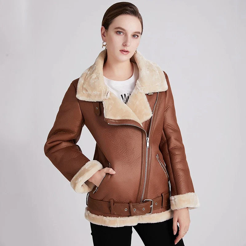 Black Friday Sales New Women Winter Lambs Wool Parkas Fur Collar Zipper Jacket Warm Thick Outerwear Faux Lamb Leather Coat Moto Outwear - Deanwangkt