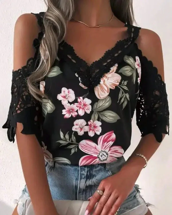 Deanwangkt - Floral Print Off The Shoulder Lace Patch Top - Deanwangkt