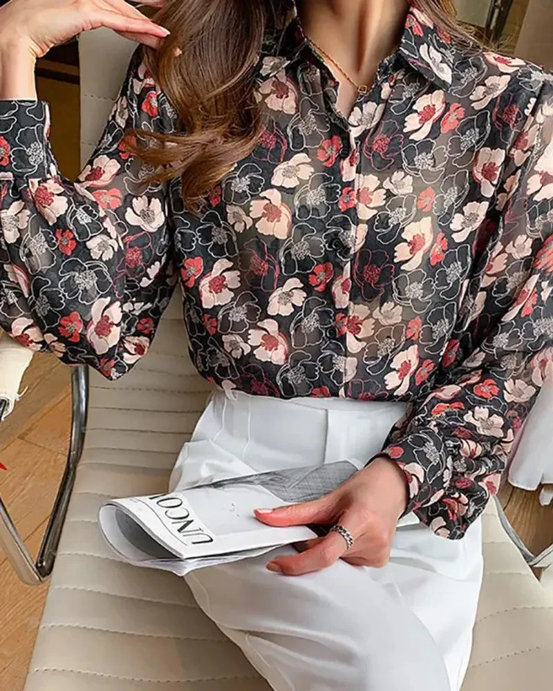Deanwangkt - Floral Print Lantern Sleeve Button Up Top - Deanwangkt
