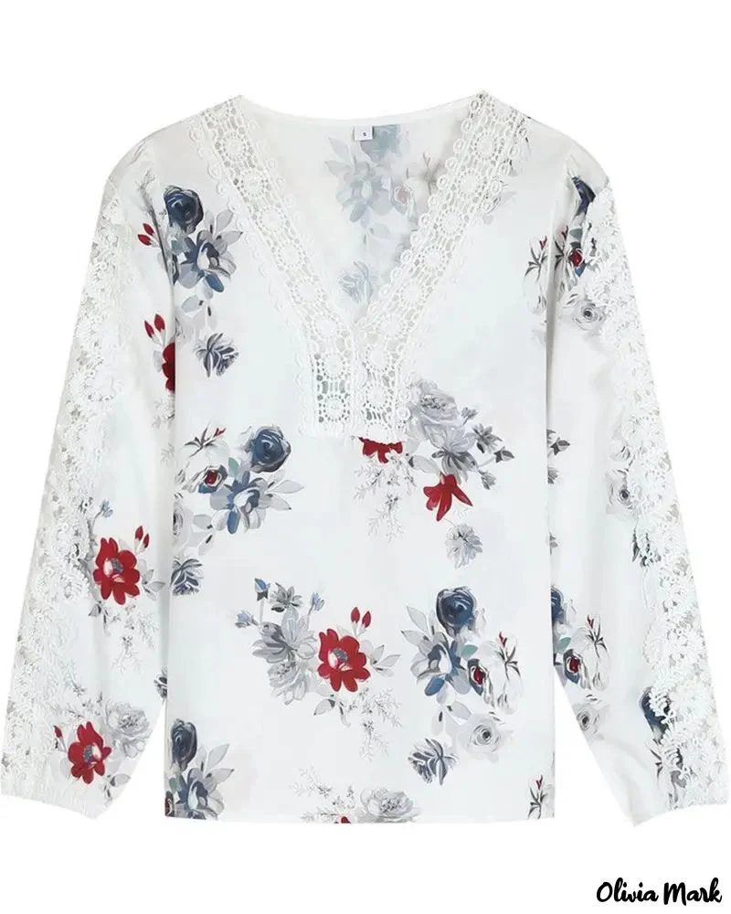 Deanwangkt - Floral Print V-Neck Lace Patch Top - Deanwangkt