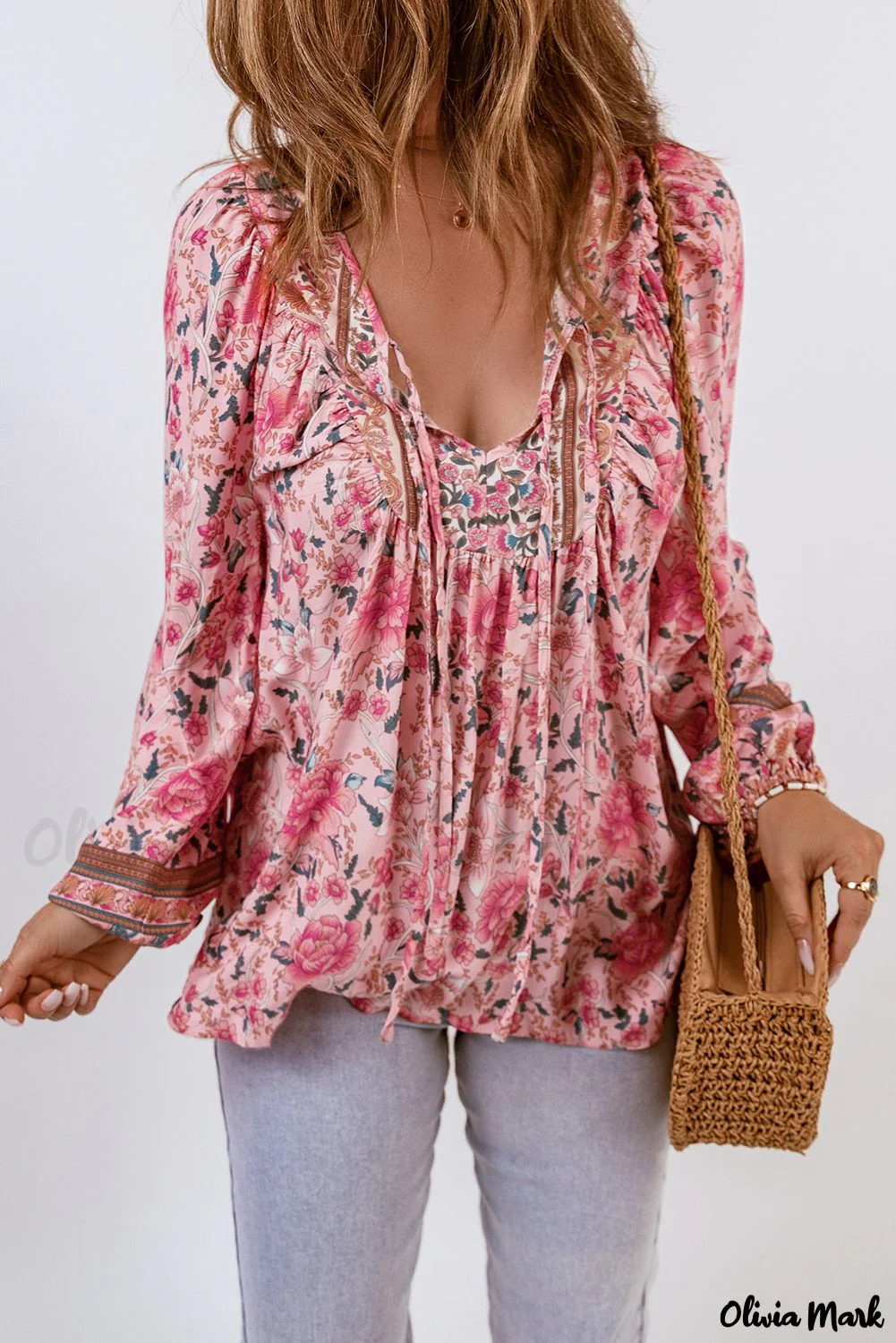 Deanwangkt - Pink Floral Print Drawstring Babydoll Blouse - Deanwangkt
