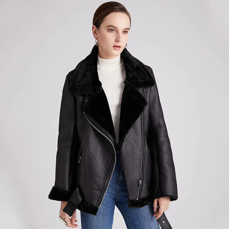 Black Friday Sales New Women Winter Lambs Wool Parkas Fur Collar Zipper Jacket Warm Thick Outerwear Faux Lamb Leather Coat Moto Outwear - Deanwangkt