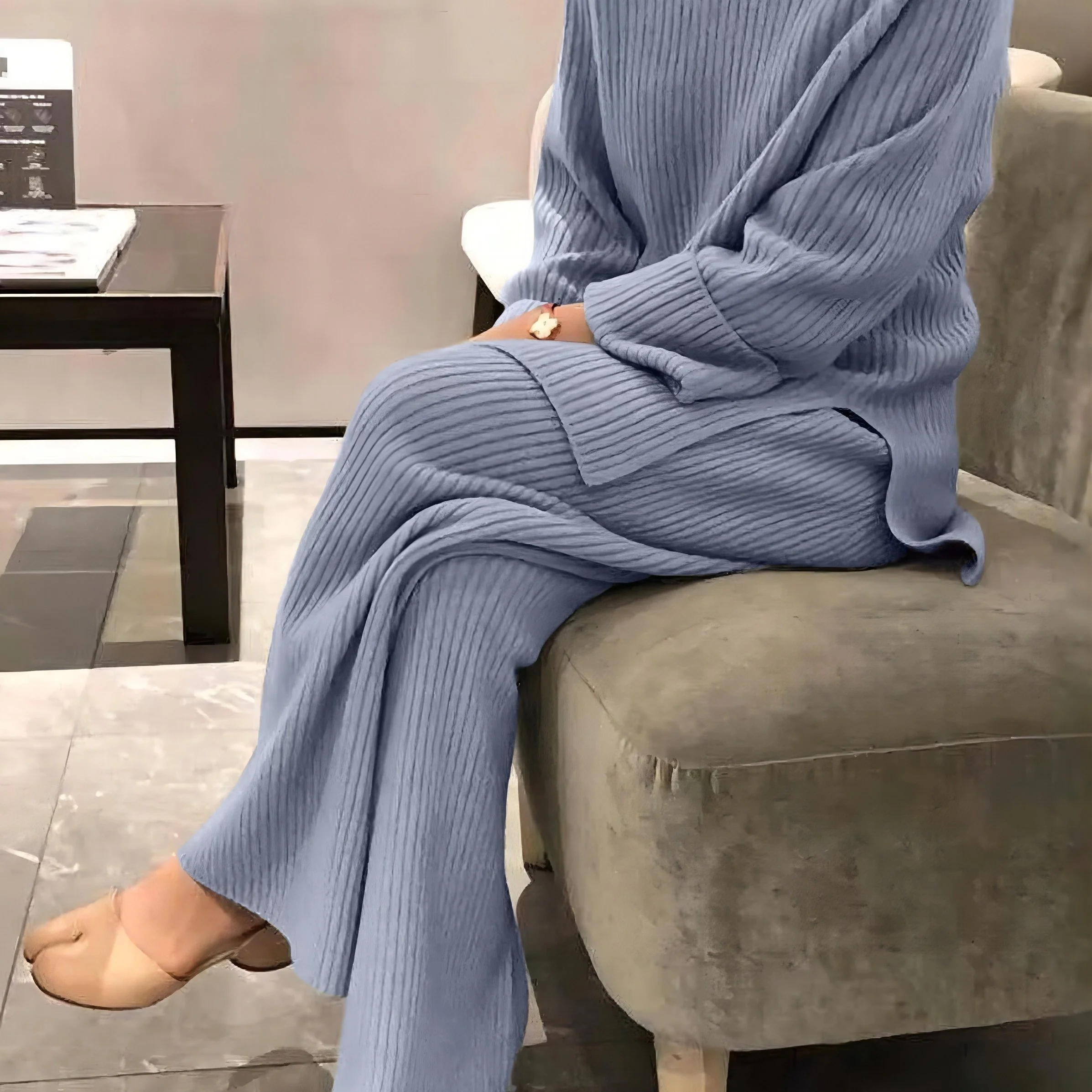 deanwangkt-1  Casual Solid Two-piece Set, Raglan Sleeve Pullover Sweater & Wide Leg Pants Outfits, Women's Clothing - Deanwangkt