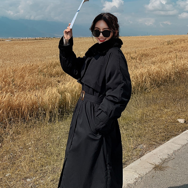 Christmas Gift Deanwangkt winter new cotton clothes women's middle and long knee over Korean loose cotton jacket tooling Plush windbreaker - Deanwangkt