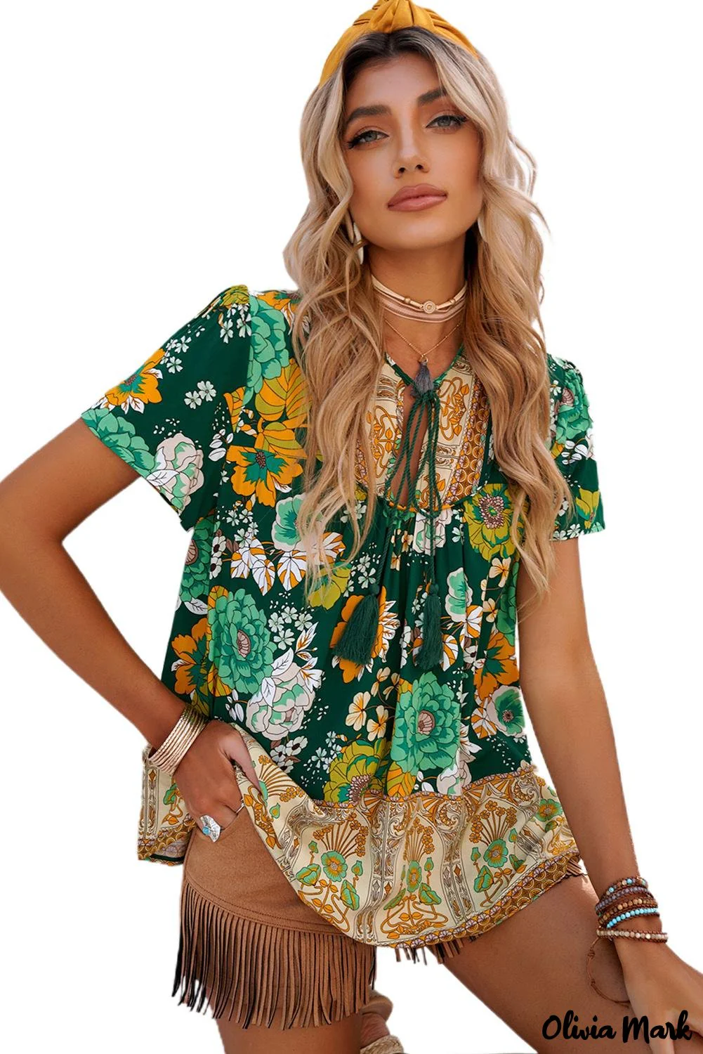 Deanwangkt - Green Bohemian Floral Print Short Sleeve Blouse - Deanwangkt
