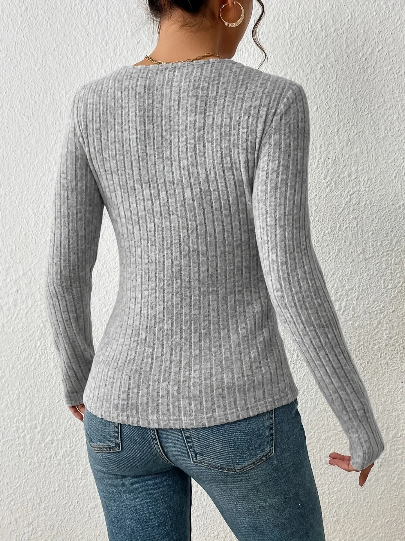 deanwangk Ribbed Surplice Neck T-Shirt, Casual Long Sleeve Top For Spring & Fall, Women's Clothing - Deanwangkt