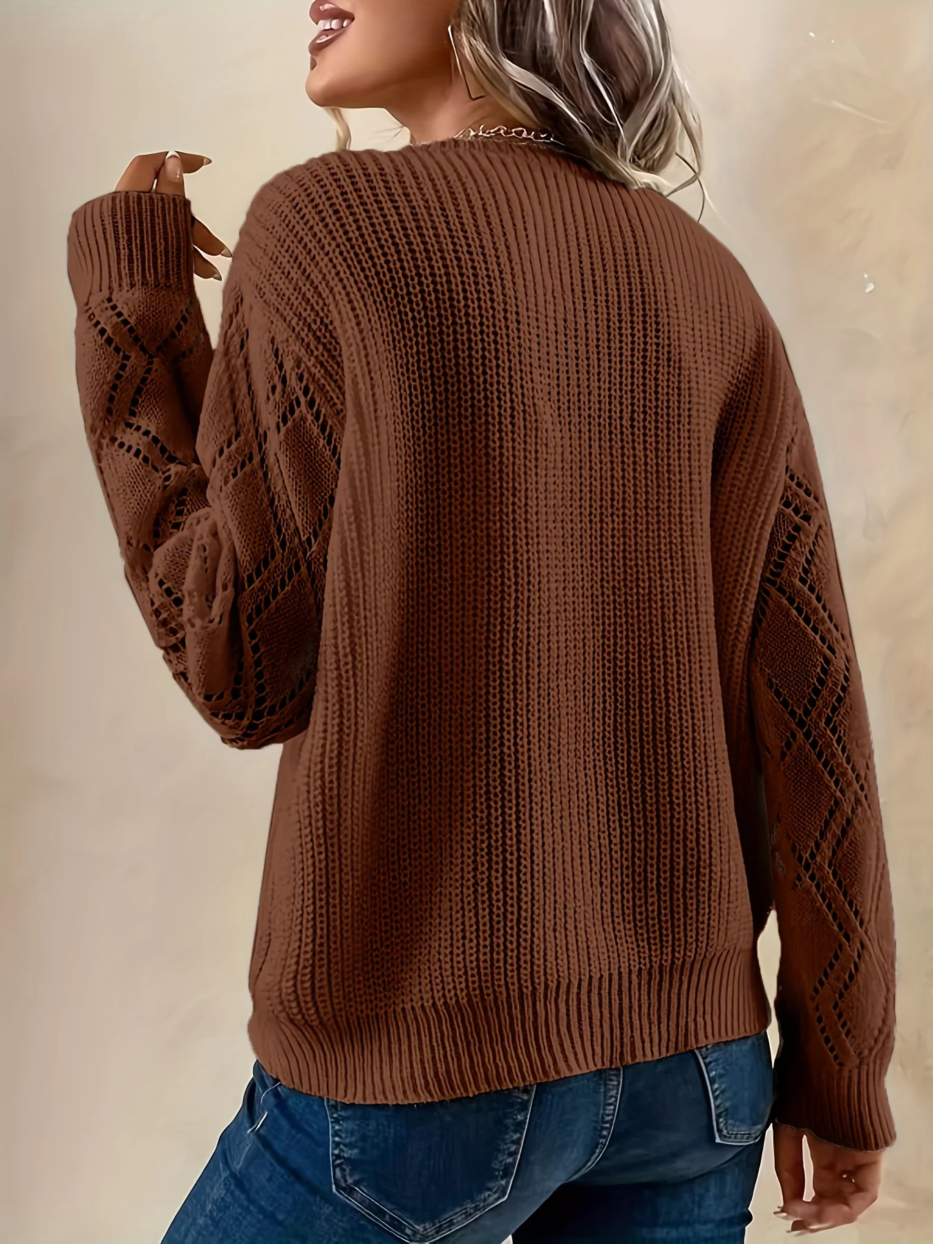 deanwangkt-1  Solid V Neck Cut Out Drop Shoulder Sweater, Casual Long Sleeve Sweater For Spring & Winter, Women's Clothing - Deanwangkt